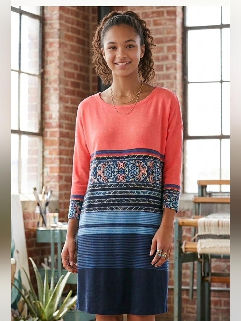 Free People Tunic knit Dress  Pink Peach Striped Knit 3/4 Sleeve Size Small